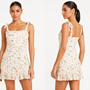 Polly Ivory Floral Print Tie Shoulder Ruffled Hem Sleeveless Mini Dress Size US6